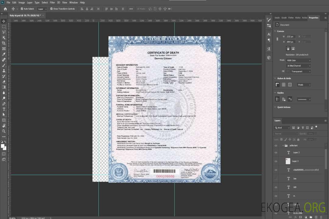 Modèle de certificat de décès de l'État américain de l'Utah au format PSD template